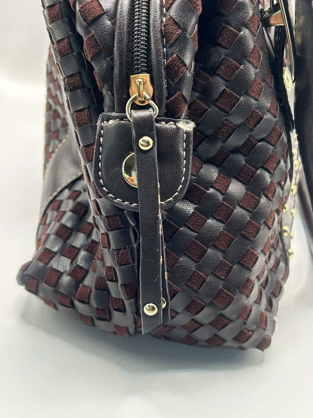 Vintage Brown Woven Satchel with Gold Tone Buckle Detail - Picture 9 of 12